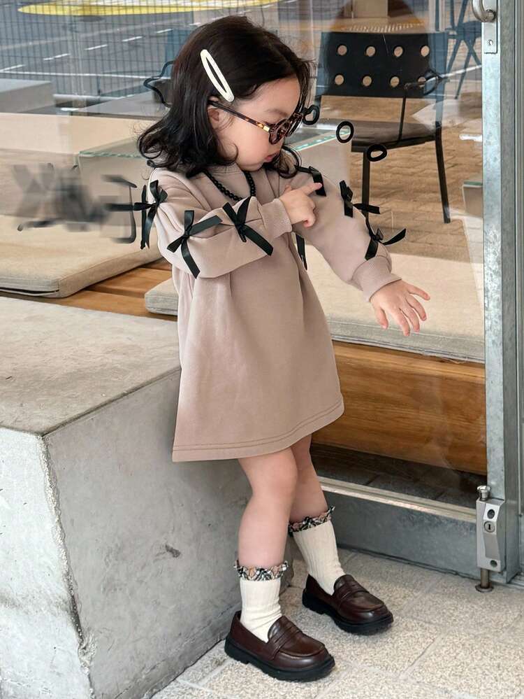 Baby Girls' Casual Mid-Length Round Neck Bow Decor Dress Toddler Girls Clothes