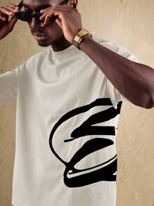 SUMWON 超大现代图案 T 恤当代艺术印花短袖棉质圆领休闲街头风全季个性 T 恤 - 卡其色 - 查看 3