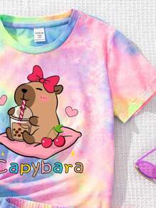 SHEIN 2pcs Tween Girls Casual Tie Dye Capybara Print, Cherry Bow Print, Chill Chill Summer Graphic Short Sleeve Top And Shorts Set, Summer Capybara Shirt Tie Dye Set Girls Cute Set Cute Sets Teen Capybara Pajamas - Multicolor - View 4