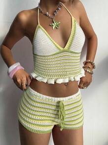 Aloruh 2pcs Set: Handmade Crochet Color Block Floral Trim Camisole Vest + Mini Contrast Color Crochet Cropped Sweater For Women, Spring/Summer Sexy Outfits For Women,Halter Tops