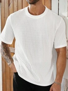 Manfinity Homme Plus Size Men's Casual Plain Color Textured Fabric Short Sleeve T-Shirt, Summer - White - View 4