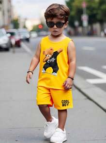 SHEIN Young Boy Casual Simple Cartoon Bear Printed Tank Top & Letter Print Shorts Set, Suitable For Summer