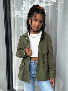 SHEIN 秋冬季青少年女孩休闲军绿色宽松连帽抽绳可调节腰部派克大衣 - 軍綠色 - 查看 2