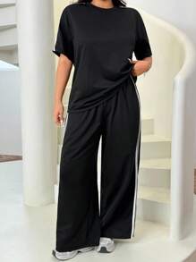 SHEIN EZwear 大码女装夏季休闲运动撞色条纹侧边短袖T恤和宽松阔腿裤套装 - 黑色 - 查看 4
