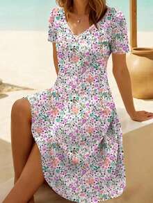 EMERY ROSE Vestido casual de manga corta con escote en V y estampado floral pequeño para mujeres de talla grande