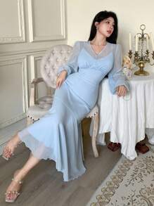 Modelyn Đầm ôm eo cổ chữ V cho nữ - Màu xanh lam - Xem 6