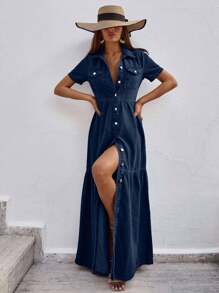 EURMUSE Women's Casual Street Style Vacation Ruffled Hem Button Down Denim Dress With Pockets - Dark Wash - View 3