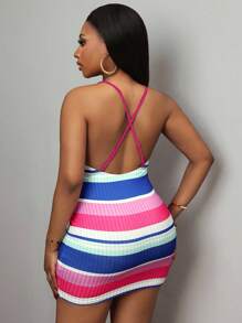 Slaydiva 休闲吊带彩条纹仿坑布全印花迷你紧身裙女连衣裙-H - 紫色 - 查看 2