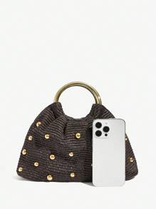 SHEIN SXY 女士，女式手提包，草编包，时尚，优雅，简约，个性化，多功能，经典，金色铆钉，适合约会，日常，购物，下午茶，海滩，度假，节日，夏季，海边 - 咖啡 - 查看 6