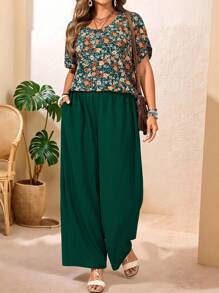 EMERY ROSE Plus Size 2 Pieces Set Country Vacation Casual Small Floral Raglan Sleeve Loose Shirt Top And Green Trousers, Simple Fashion Casual Daily Wear, Suitable For Spring And Summer Vacation Two Pieces Set Country Concert Outfit Country Outfits Women - Multicolor - View 3