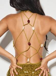 KIZN Váy ngắn hở lưng đính sequin vàng kim loại có chi tiết đính cườm ở lưng cho tiệc tối lễ hội Giáng sinh ngày lễ năm mới - màu xanh lá - Xem 6