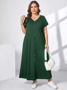 SHEIN Essnce 大码女装春夏时尚休闲宽松舒适日常短袖黑色V领口袋长裙，女装夏季服装，女装教堂服装，老钱风格女装，女装教师服装，女装机场服装 - 墨綠色 - 查看 2