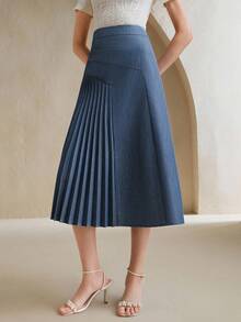 Anewsta 女士秋季职业装简约百褶设计半身裙 - 藍色 - 查看 5
