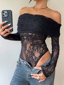 Muchica Women's Sexy Black Lace Off Shoulder Bodysuit - Black - View 3