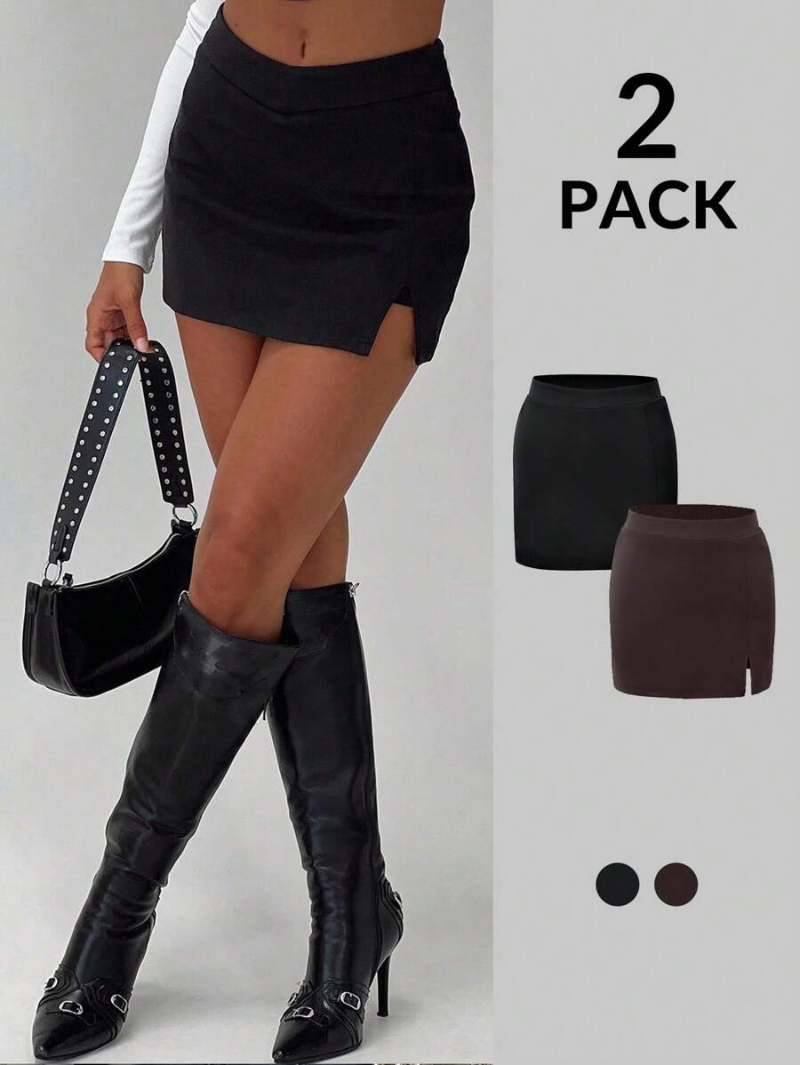SHEIN BAE 2 chiếc/bộ váy chữ A lưng thun màu trơn thường ngày mùa hè cho nữ - Nhiều màu - Xem 1