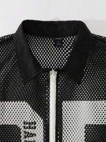 ROMWE MEN Street Life 男士宽松数字印花短袖拉链领衬衫和短裤休闲套装 - 黑色 - 查看 5