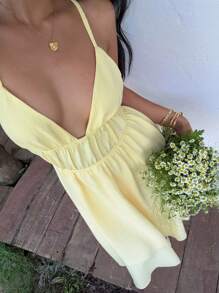 SHEIN EZwear 夏季度假深V领细肩带休闲女士黄色连衣裙