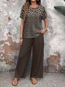 EMERY ROSE Comfortable Women's Woven Fabric Co-Ord Set With Casual Floral Print Short Sleeve Round Neck Top And Long Wide-Leg Trousers. This Stylish Two-Piece Outfit Is Ideal For Relaxed Daily Elegance. Women Vacation Outfit Sets Summer Work Outfits For Women - Multicolor - View 3