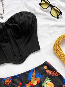 Soleia Damen einfarbiges Crop Top mit Bindedetail und Mini Rock mit Papageienmuster, für Urlaub, Musikfestival, Strand - Verschiedenfarbig - Übersicht 4