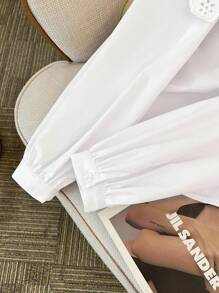 SHEIN 少女女孩白色梭织纯色拼接刺绣大翻领泡泡袖长袖学院风优雅复古休闲衬衫 返校季情人节童装春夏秋冬装小清新女童 - 白色 - 查看 14