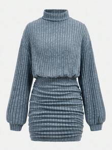 SHEIN Girlism 少女罗纹针织高领宽松腰部贴身臀部褶皱休闲优雅复古百搭内衣长袖迷你连衣裙，蓝色 - 藍色 - 查看 6