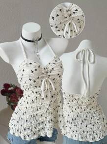 INAWLY Sexy Butterfly Print Drawstring Backless Halter Top - Apricot - View 4