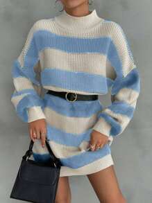 EURMUSE Women Drop Shoulder Sweater Dress With Striped Pattern,Petite - Baby Blue - View 6
