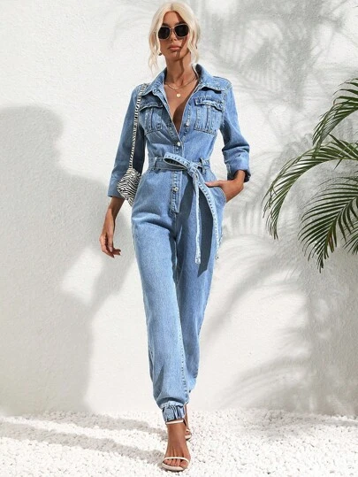 SHEIN Frenchy Omgiven Ficka Framsida Knappar Enkel Enkel Denim Overaller