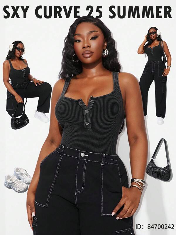 SHEIN SXY Plus Size Women's Spring & Summer Sexy Basic Casual Slim-Fit 95% Cotton Bodycon Sporty Washed And Distressed Curvy Bodysuit,Suitable For Everyday Wear,Gym Outfit,Western Wear,Music Festival,Concert,Carnival Party,Outing,Beach Vacation,Richly Layered,Holiday,Date Night,Birthday,Bachelorette Party Outfit ,Cocktail Party,Formal Event,Gyaru,Break,Rave,Modest,Chic,Club,Cute,Casul,Shopping, Streetwear,Going Out,Coquette,Easy To Match&Looks Slim,Accent Your Body,Flatter The Figure,Flattering Silhouette Plus Size