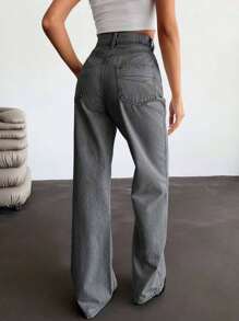 RueChic Calça jeans feminina de cintura alta com bolsos, reta, solta e casual, versátil