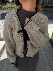 Jeta Ari Áo khoác cardigan dài tay thắt nút phía trước họa tiết tương phản cho nữ - Xám - Xem 3