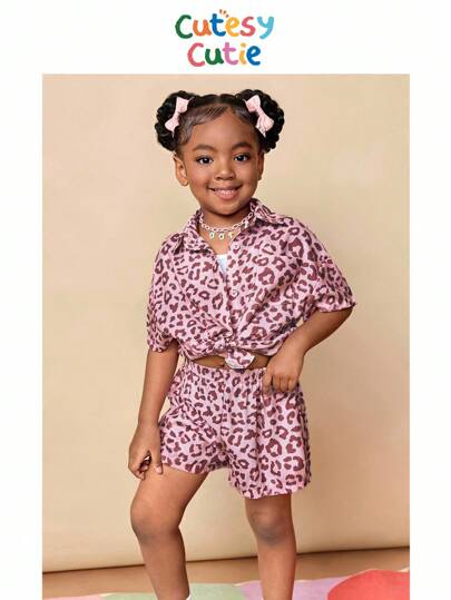 CutesyCutie 2pcs/Set Girl Chiffon Leopard Pattern Casual Shirt And Shorts Set Girls Leopard Outfit Girls Cheetah Set Little Girl Co Ord Set Baddie Outfit For Kids Girls Leopard Print Set Girls School Uniform,School Tops,Tops For School