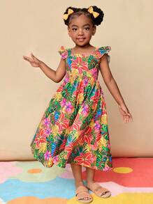 CutesyCutie Young Girl Woven Ditsy Floral Square Collar Ruffle Hem Casual Dress Hawaiian Dress For Girls Kids Vacation Dress Tropical Dress For Girls Girls Summer Dress Kids Luau Dress - Multicolor - View 6