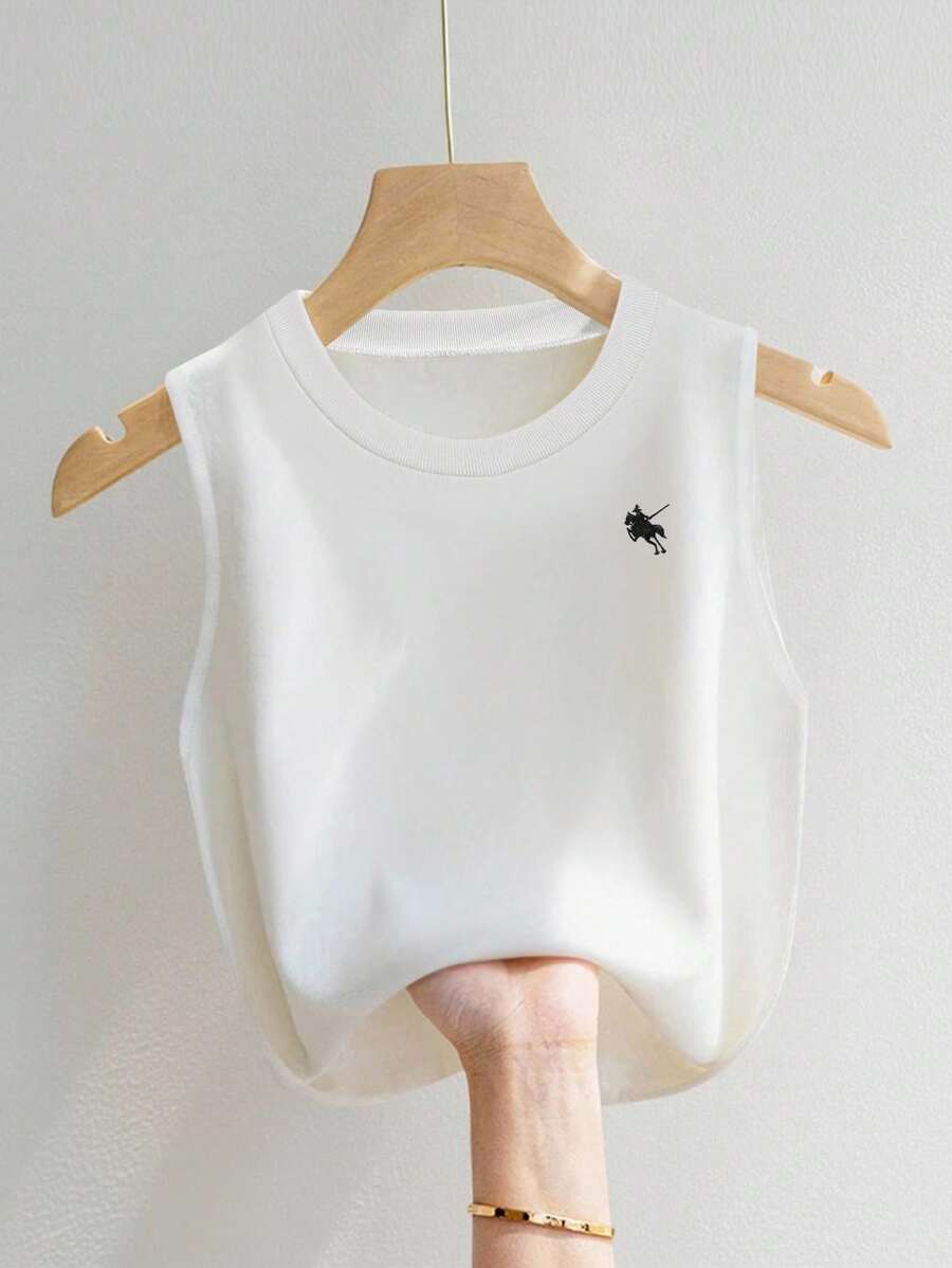 SHEIN 女式骑士印花圆领休闲百搭背心 - 白色 - 查看 1