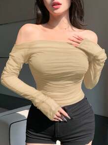 DAZY Women's Elastic Mesh Sheer Off-Shoulder Top, Spring/Summer Long Sleeve Top - Apricot - View 5