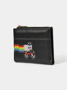 Nyan Cat X SHEIN 彩虹与卡通猫印花时尚拉链短款钱包 - 黑色 - 查看 2