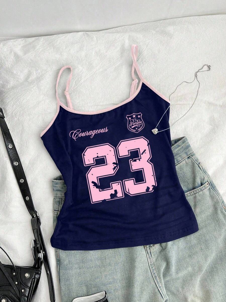 Young Girl Fitted Casual 23 Letter Print Sports Cami Top, Summer Clothes - Multicolor - View 1