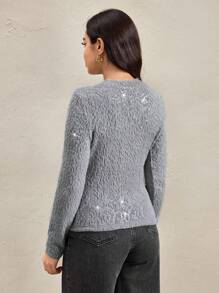 Wildy Women's Gray Autumn Casual Elegant Occasion Glitter Fuzzy Sweaters,Old Money Style Sequin Decor Fluffy Fitted T-Shirt Business Office Wear Fall Top - Grey - View 4