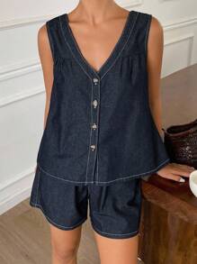 Livesso Ensemble femme avec top ample sans manches col V et short en jean décontracté