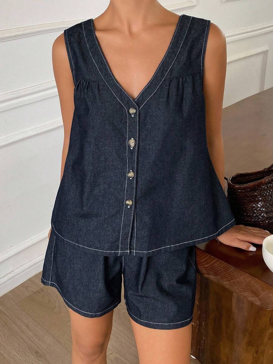 Livesso Ensemble femme avec top ample sans manches col V et short en jean décontracté