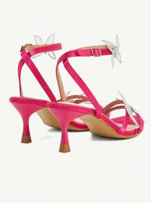 CUCCOO CHICEST Sandalias con tacón grueso de mujer con pedrería, malla y adorno de lazo, estilo elegante, dulce, romántico y de jardín, color negro, apropiadas para citas, fiestas, discotecas y vacaciones - Rosa Fucsia - Ver 10