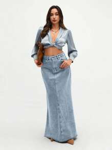 SHEIN Tall Women's Summer Casual Washed Diagonal Pocket Fishtail Hem Denim Skirt - Baby Blue - View 3