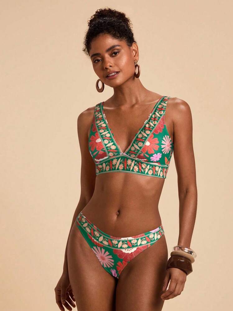 Travachic Patterned Short Women Bikini Set Featuring Straps And High Cut Design Tropical Bikini Set Tropical Two Piece Set Floral Bikini Floral Two Piece Swimsuit Swim Oasis Two Piece - Multicolor - View 4