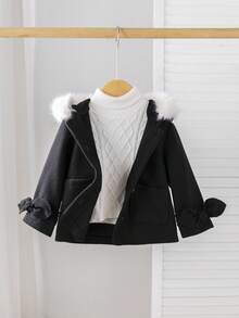 SHEIN Baby Girls Casual Single-Breasted Bow Cuffs Faux Fur Hooded Overcoat, Autumn/Winter Fall - Black - View 6