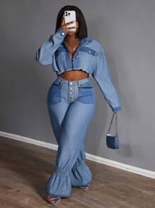 Slaydiva 大码女式拉链口袋荷叶边下摆宽松休闲百搭牛仔裤 - 藍色 - 查看 6