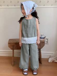 Dazy Kids Bộ 2 món/Bộ áo ren chắp vá không tay và quần ống rộng thường ngày cho bé gái, bé gái - Rửa nhẹ - Xem 7