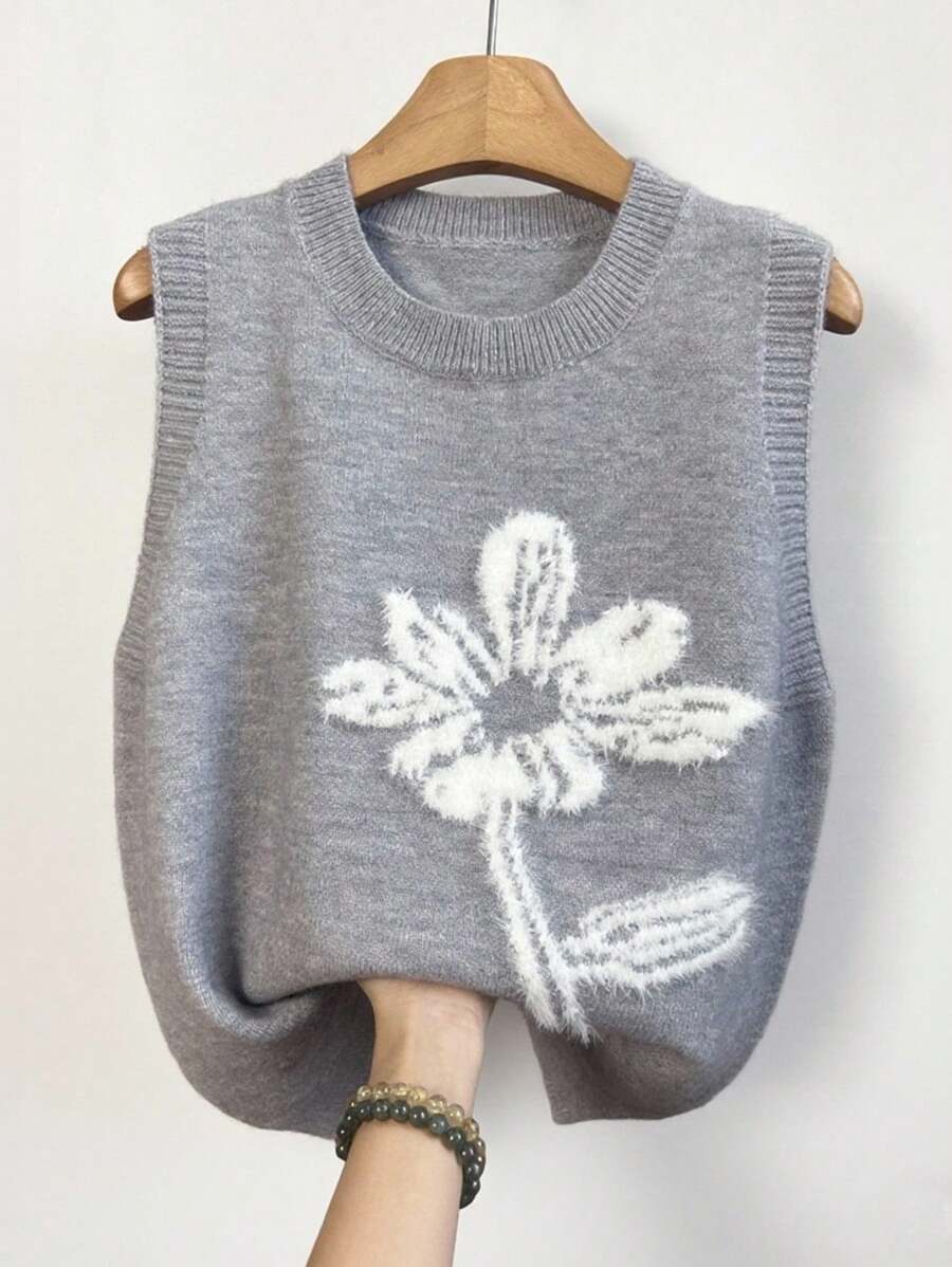 INAWLY 女士休闲宽松圆领毛衣背心，单花图案