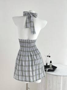 Elamini Women's Casual Simple Elegant Plaid Halter Shirred Tie Waisted Short Dress - Multicolor - View 2