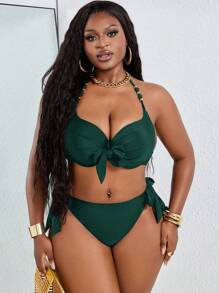Slaydiva Plus Size Sexy Metal Underwire Bikini Set, Adjustable Halter Neck For Summer Beach Vacation - Dark Green - View 4