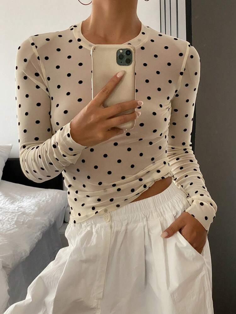 Women's Polka Dot Long Sleeve Round Neck Elegant T-Shirt